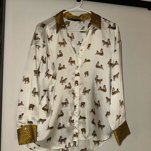 Zara White and Gold Animal Print Button Down Shirt